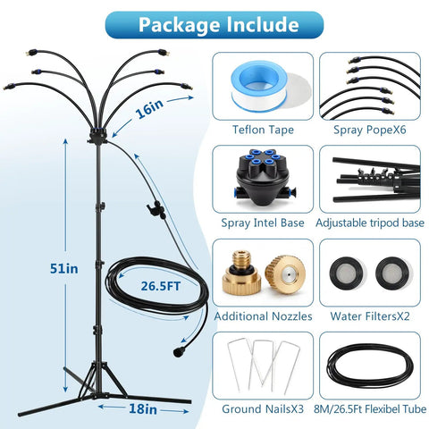 Package contents of Six Nozzle Adjustable Standing Misting System For Outdoor Patio Cooling Beat The Heat Fast With Easy Install