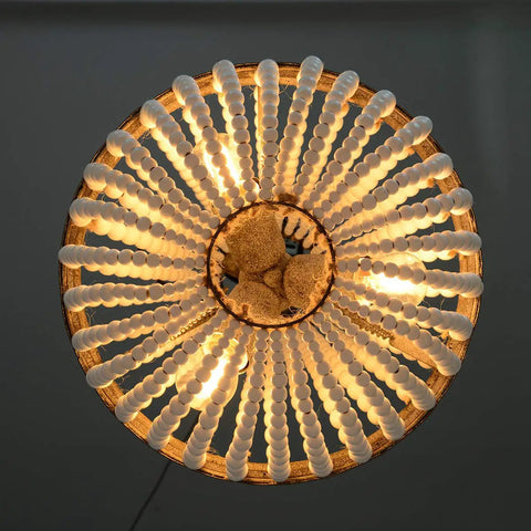 Top view of Three Light Boho Wood Beaded Chandelier With White Finish Pendant Light For Bedroom Kitchen Island And Girl Room
