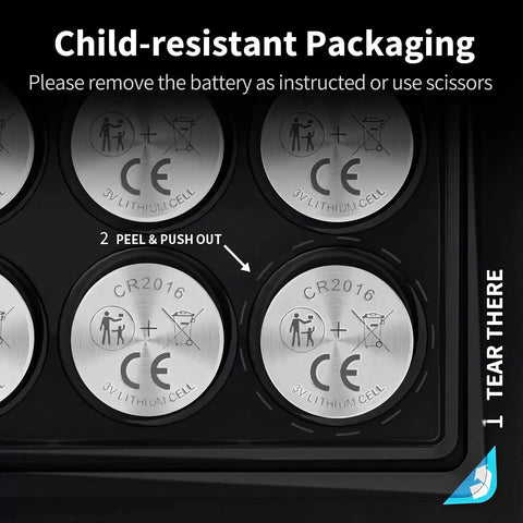 Packaging showing Kicking Performance Cr2016 3V Lithium Coin Cells Six Pack with child-resistant instructions.