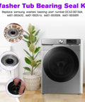 Premium Heavy Duty Replacement Washer Tub Bearings And Seal Kit For Samsung Front Load Washers showing parts and installation.