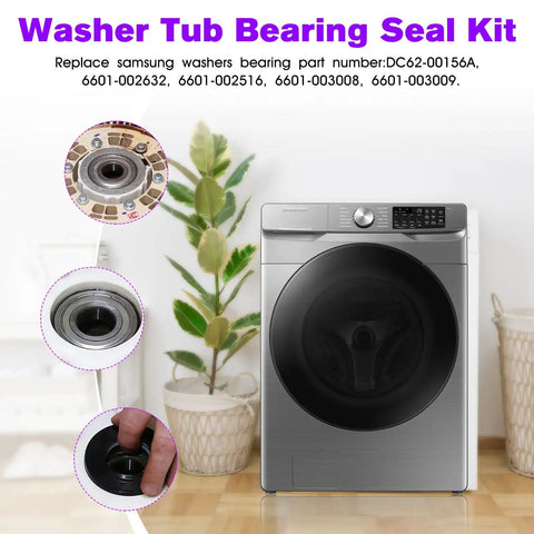 Premium Heavy Duty Replacement Washer Tub Bearings And Seal Kit For Samsung Front Load Washers showing parts and installation.