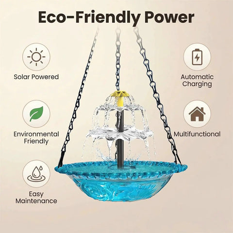 Solar Powered Cascade Hanging Bird Bath Fountain For Outdoors No Wires Needed Super Easy Setup Bubbling Water Feature