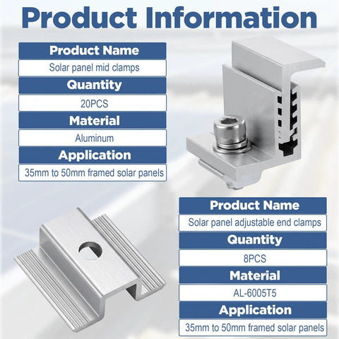 Product information for Eight Piece 35 To 50mm Adjustable Solar Panel End Clamp Mounting Brackets Kit with aluminum clamps.