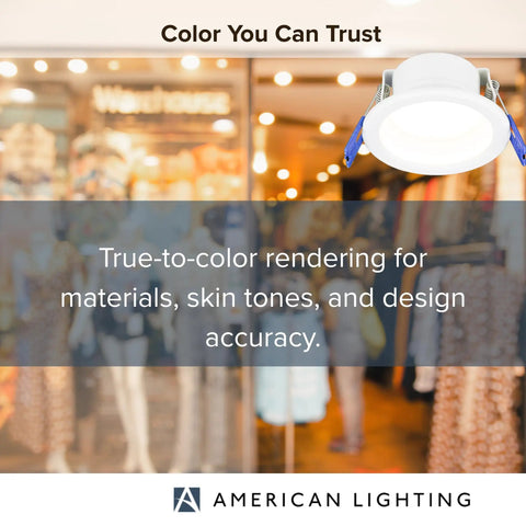 Top Shelf Led Recessed Downlights 2 Inch Round With Hella Flexible 5Cct Color Tuning 90 CRI Triac Smooth Dimming Wet Rated Ceiling Fixtures Seamless Home Upgrade 12 Piece Kit installed, showing true-to-color rendering in retail setting.