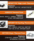 Image showing WP3977767 high limit thermostat, 3392519 thermal fuse, WP3387134 cycling thermostat, and 3977393 dryer thermal fuse replacements.