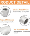 Product details showing 2 Pack 1 Inch NPT Female To Female 90 Degree Elbow Fittings in 304 stainless steel with pipe tape, garden use