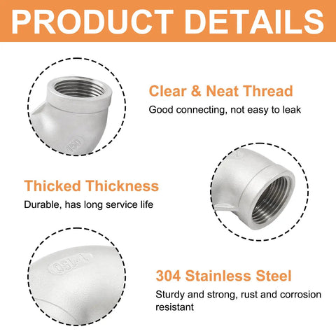 Product details showing 2 Pack 1 Inch NPT Female To Female 90 Degree Elbow Fittings in 304 stainless steel with pipe tape, garden use