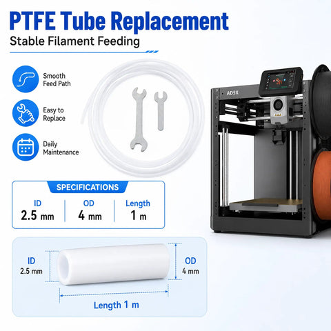 Top Shelf 3D Printer Tool Kit Featuring Slick Nozzle Cleaning Brushes And Heavy Duty Clog Poke Needles For Spotless Hotend Care And Hassle Free Daily Maintenance Gear PTFE tube with specifications for 3D printer maintenance.