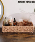 Must Have Woven Tissue Holder And Toilet Paper Organizer Box with iron frame holding bottles on wooden surface