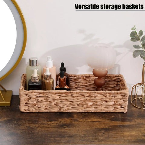 Must Have Woven Tissue Holder And Toilet Paper Organizer Box with iron frame holding bottles on wooden surface