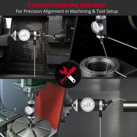 Front view of XUNTOP coaxial centering indicator with dial gauge and six feelers for workpiece center alignment.
