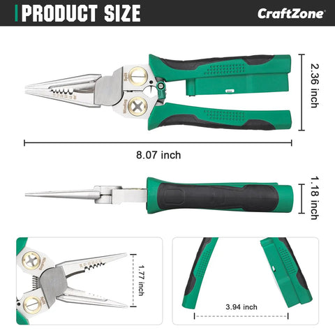 Eight In One Wire Stripper With Voltage Tester For DIY Electricians, pro grade tool dimensions with green and black handle