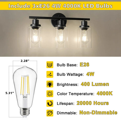 3 Light Vanity Fixture With Glass Shade Over Mirror 4000K Black Vanity Light Bulbs Included Wall Mount for Bathroom Bedroom