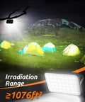 Beast 20,000mAh Portable LED Work Light illuminating camping tents with 90 Degree Rotatable Stand, mountain backdrop, 1076ft² range