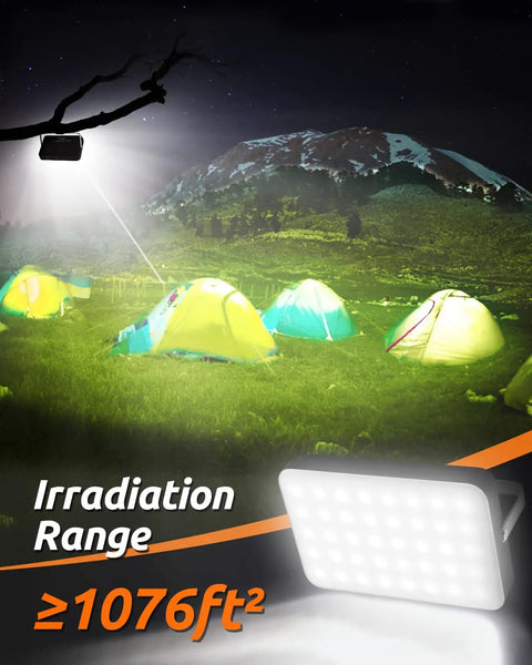 Beast 20,000mAh Portable LED Work Light illuminating camping tents with 90 Degree Rotatable Stand, mountain backdrop, 1076ft² range