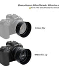 Camera with Must Have Reversible ES-65B Lens Hood For RF 50mm F1.8 STM On EOS R6 R5 RP with 43mm filter and lens cap attachment