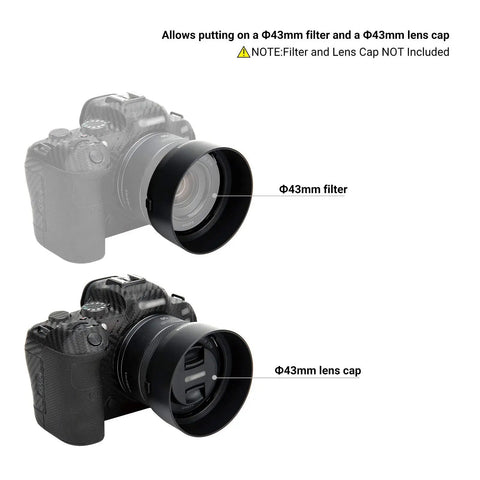 Camera with Must Have Reversible ES-65B Lens Hood For RF 50mm F1.8 STM On EOS R6 R5 RP with 43mm filter and lens cap attachment