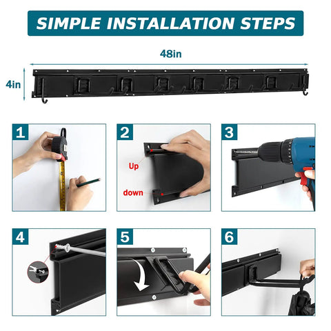 Installation guide for Heavy Duty Garage Tool Organizer Wall Mount 11 Piece Set With 8 Heavy Hooks, showing step-by-step process.