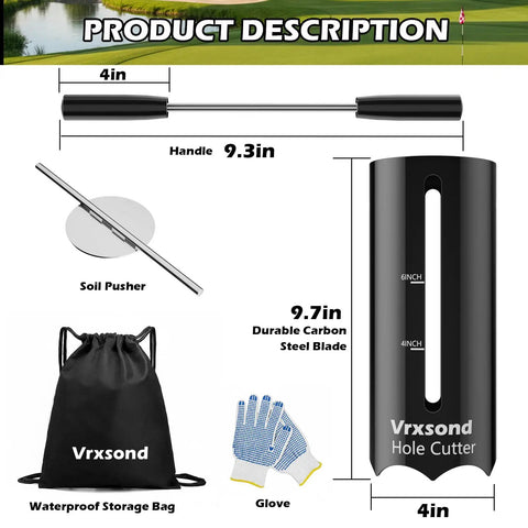 Pro Grade Portable Golf Hole Cutter Kit With 4 Inch And 6 Inch USGA Standard Holes, Detachable Handle, bag, glove, soil pusher
