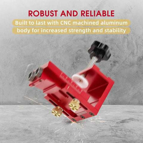 Red CNC machined aluminum pocket hole jig kit for 2x2 and 2x4 lumber, adjustable doweling for carpentry joints.