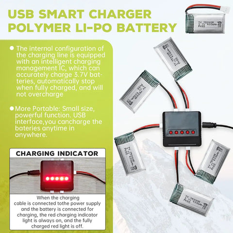 5 Pack 3 7V 400mAh Li Battery Set With 5 In 1 Charger for SYMA Q11 H99W quadcopters and charging instructions displayed
