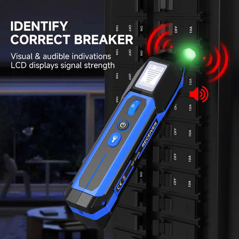 Dead Nuts Accurate Circuit Breaker Finder With Bright Lcd Display And Pro Grade GfcI Outlet Tester used on a circuit panel to identify breakers.
