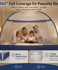 Family inside a pop up mosquito net for bed with full bottom coverage and double door design, fitting queen and king size beds.