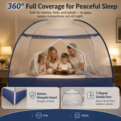 Family inside a pop up mosquito net for bed with full bottom coverage and double door design, fitting queen and king size beds.