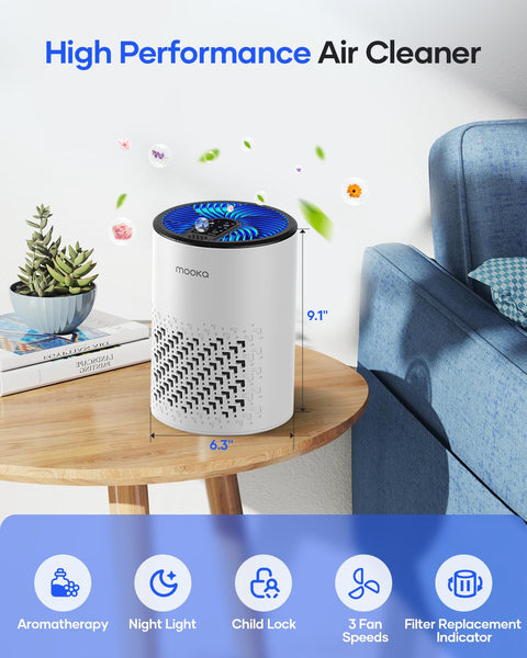 Bedroom HEPA Air Purifier Pet Friendly For Allergens With Fragrance Sponge 360 Degree Air Cleansing Compact on table