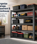 Knockout Heavy Duty Tote Storage Rack With Adjustable 5 Tier Garage Shelving, organized bins and tools in a garage setting.