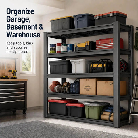 Knockout Heavy Duty Tote Storage Rack With Adjustable 5 Tier Garage Shelving, organized bins and tools in a garage setting.