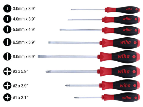 8-Piece Slotted And Phillips Screwdriver Set With Soft Grip Handles, Pro Grade Chrome Moly Steel Blades, various sizes shown