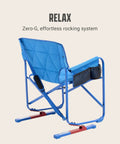 Pro Rocker Chair With Zero G Rocking, Quick Fold Camping Chair, 250 Lb Capacity, padded blue back view with frame.
