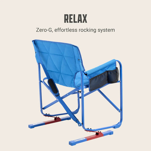 Pro Rocker Chair With Zero G Rocking, Quick Fold Camping Chair, 250 Lb Capacity, padded blue back view with frame.