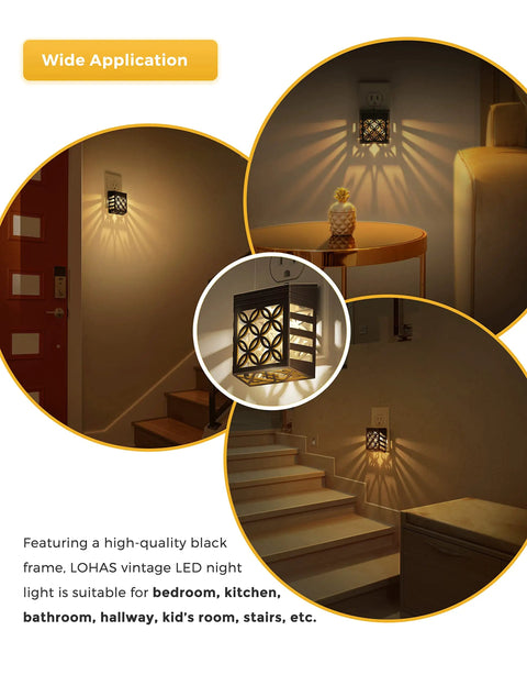Dusk To Dawn LED Night Light With Dimmable Vintage Glow Soft White 3000K Black Frame illuminating hallway and staircase