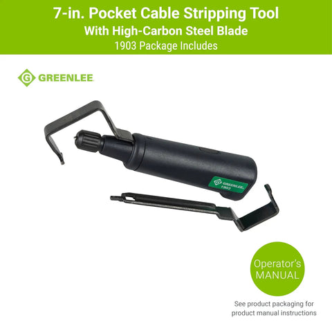 Pocket Cable Stripping Tool With High Carbon Steel Blade, 7 Inch, Lineman Grade Triple Action Cutter, shown with manual