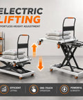 Heavy Duty Electric Scissor Lift Table Cart With 660 Pound Capacity And 52 Inch Max Height, showing electric lifting with bags on flatbed.