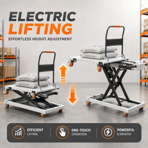 Heavy Duty Electric Scissor Lift Table Cart With 660 Pound Capacity And 52 Inch Max Height, showing electric lifting with bags on flatbed.