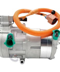 Top Shelf Heavy Duty Electric Hybrid AC Compressor For Tesla Model S 2012 Through 2018 with orange wiring and green fittings.