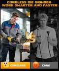 Image comparing cordless and corded die grinders, illustrating usage and workspace differences.