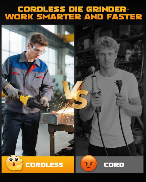 Image comparing cordless and corded die grinders, illustrating usage and workspace differences.