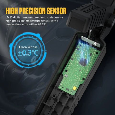 Internal view of HVAC Temperature Clamp Meter With Plus Or Minus 0.3 C Precision, showing circuit board and components.