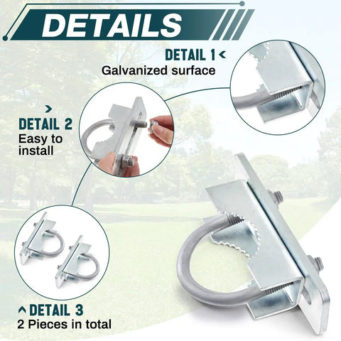 Built Like A Tank Adjustable Galvanized Gate Latch Stopper showing galvanized surface and easy installation details, 2 pieces total.
