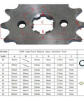 Heavy Duty Front Engine Sprocket For 428 Chain With Retainer Plate Locker detailed size chart and dimensions for 10 to 19 teeth options.