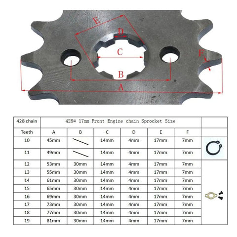 Heavy Duty Front Engine Sprocket For 428 Chain With Retainer Plate Locker detailed size chart and dimensions for 10 to 19 teeth options.