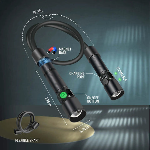 Bright 1800 Lumen LED Neck Light With Rechargeable Battery, Magnetic Base, showing gooseneck design and detachable usage features