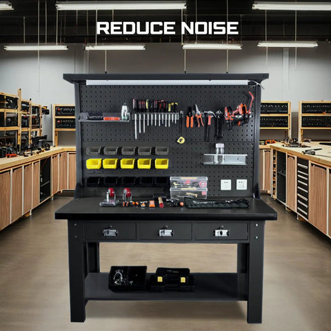 Workshop with organized tool bench and labeled 'Reduce Noise' in a garage setting.