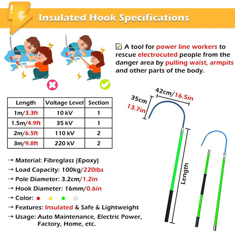 Pro Grade Insulated Rescue Pole Six Point Five Ft High Voltage Rescue Hook For Power Stations Factories And Auto Maintenance Lightweight Fiberglass Rod Safe Electric Shock Protection For Industrial Worksites diagram showing specifications and usage