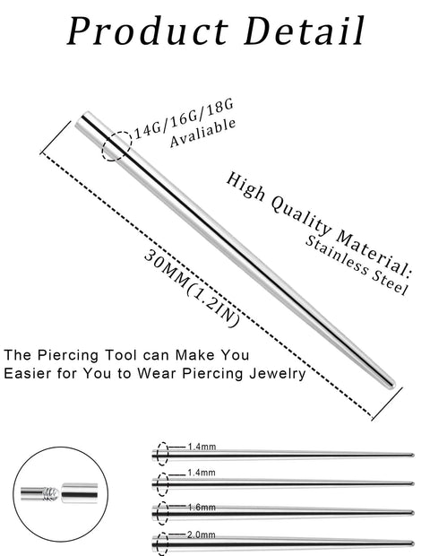 4 Piece Stainless Steel Piercing Taper Kit with Internal Threaded External Threaded and Push In Pin Insertion Pins 14G 16G 18G