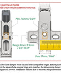 Diagram showing measurements for Cabinet Hinge Damper Pack Of 20 For Blum Straight Arm Full Overlay Hinges With Nickel Plated Finish.